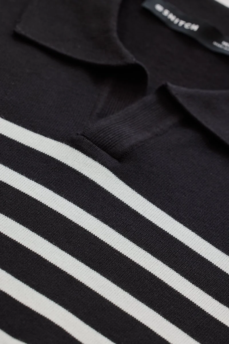 SNITCH Black Stripes Polo Slim Fit T-Shirt